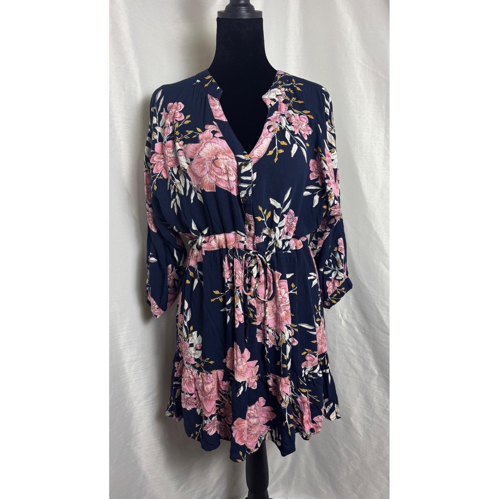 Billabong Floral Mini Dress Women Size M Navy Pink Excellent Boho Tiered Skirt